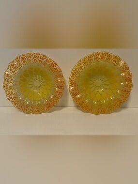 SYDENSTRICKER ART GLASS SIGNED PAIR 2 BOWLS YELLOW ORANGE FLOWER 6.75” HOME